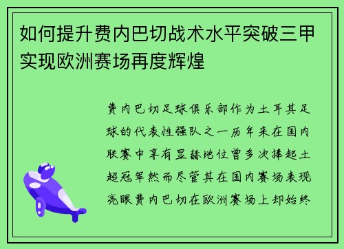 如何提升费内巴切战术水平突破三甲实现欧洲赛场再度辉煌