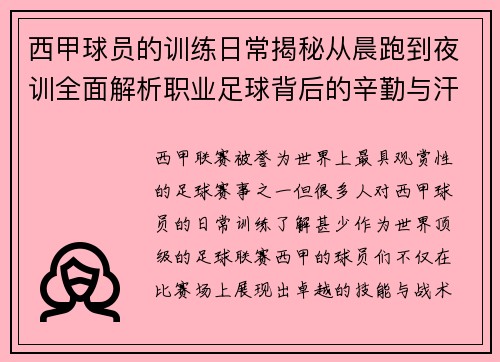 西甲球员的训练日常揭秘从晨跑到夜训全面解析职业足球背后的辛勤与汗水